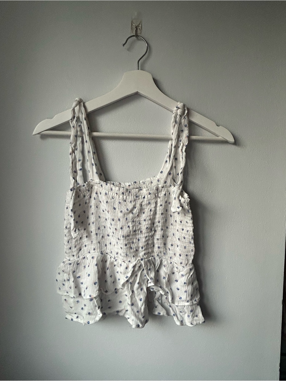 Paper Crane White Smocked Peplum Camisole with Blue Dot Print